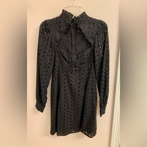 ASOS black cotton eyelet, peekaboo mini dress.